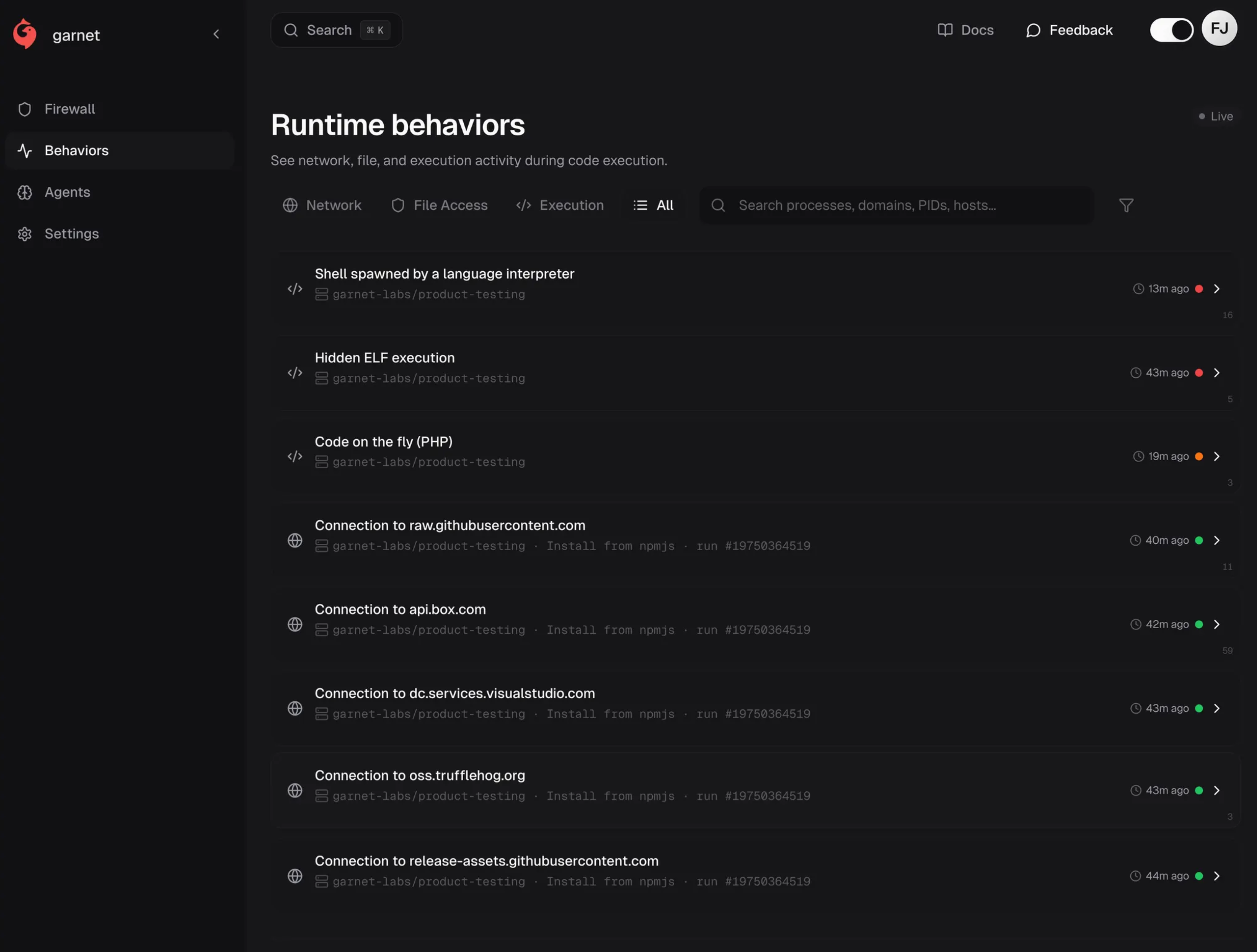 Garnet Runtime Behaviors dashboard